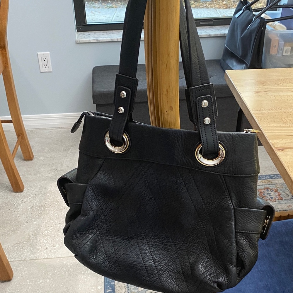 B Makowski Black Diamond Stitch Leather Shoulder Bag